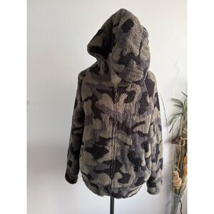 Barefoot Dreams CozyChic Camo Zip Up Hoodie Womens Small Green Fleece Jacket